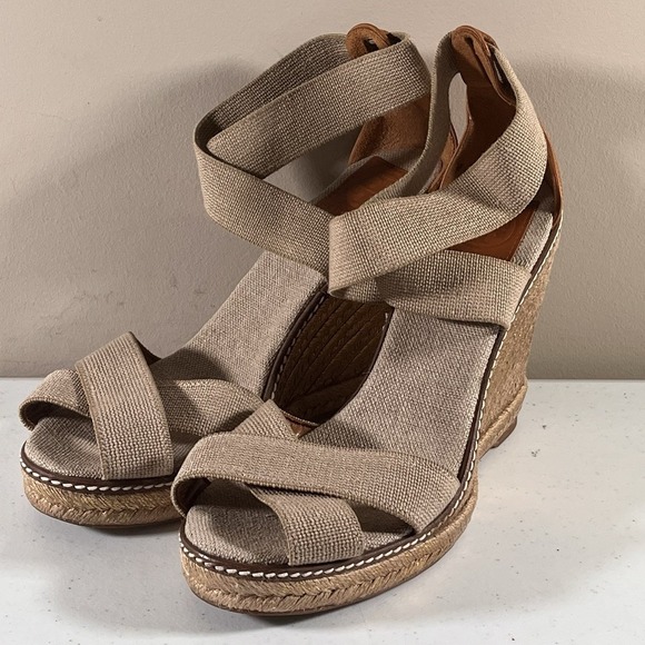Tory Burch Shoes - Tory Burch Sandals Womens 9.5 Khaki Frieda Stripe Platform Espadrille Wedge Heel